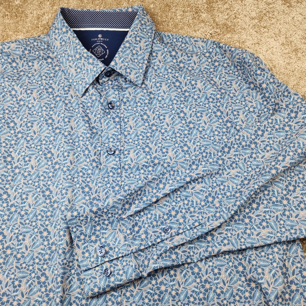 Con.Struct Mens XXL Slim Fit Blue Floral Performance Stretch Dress Shirt